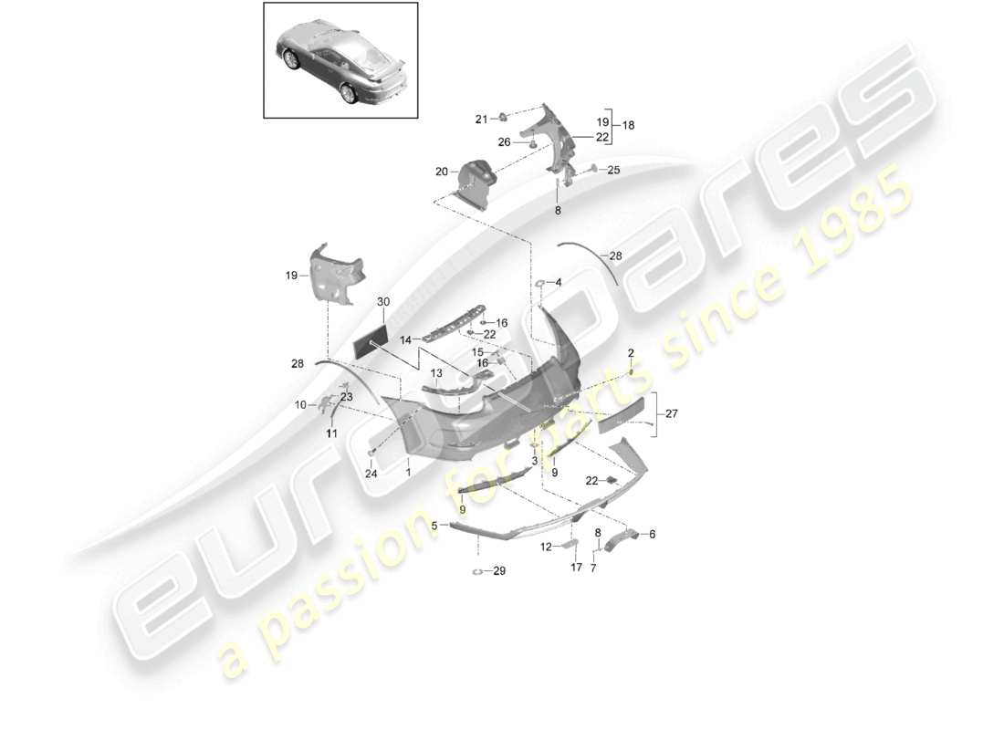 porsche 2021 (991-2 r/gt3/rs) paraurti posteriore d - mj 2018>> schema dei componenti