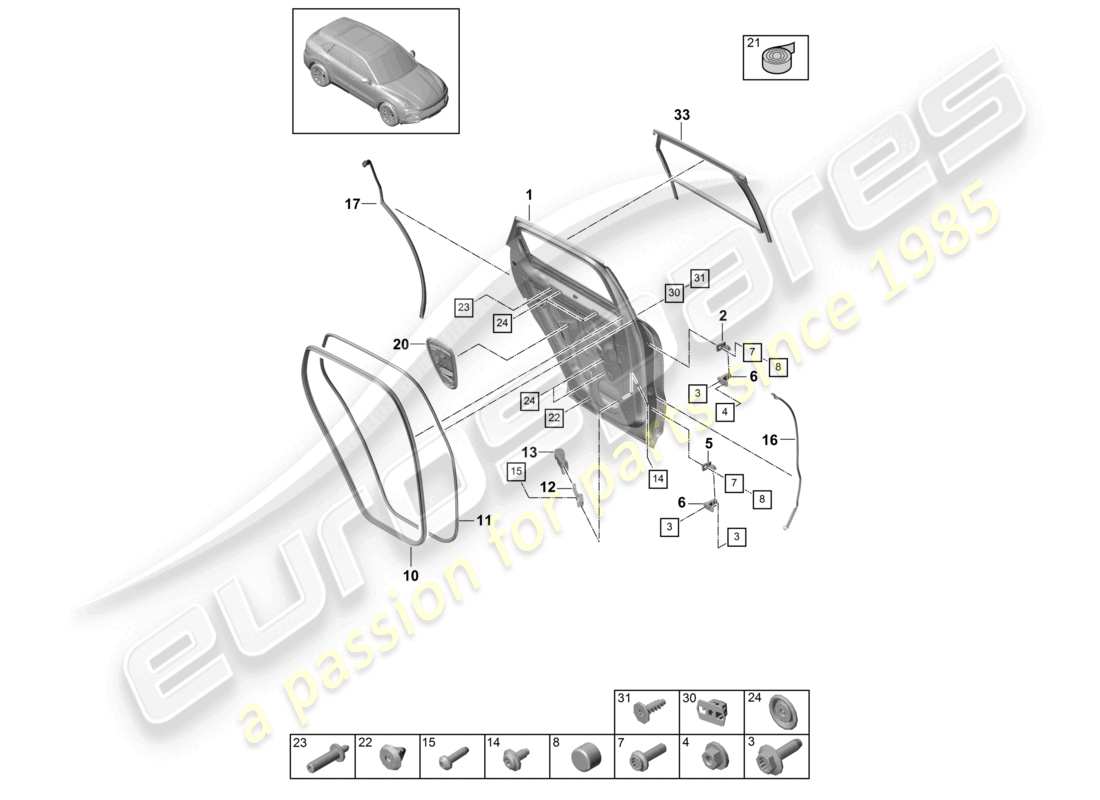 porsche 2024 (cayenne e3 9ya/9yb) schema delle parti delle guarnizioni posteriori della scocca della porta