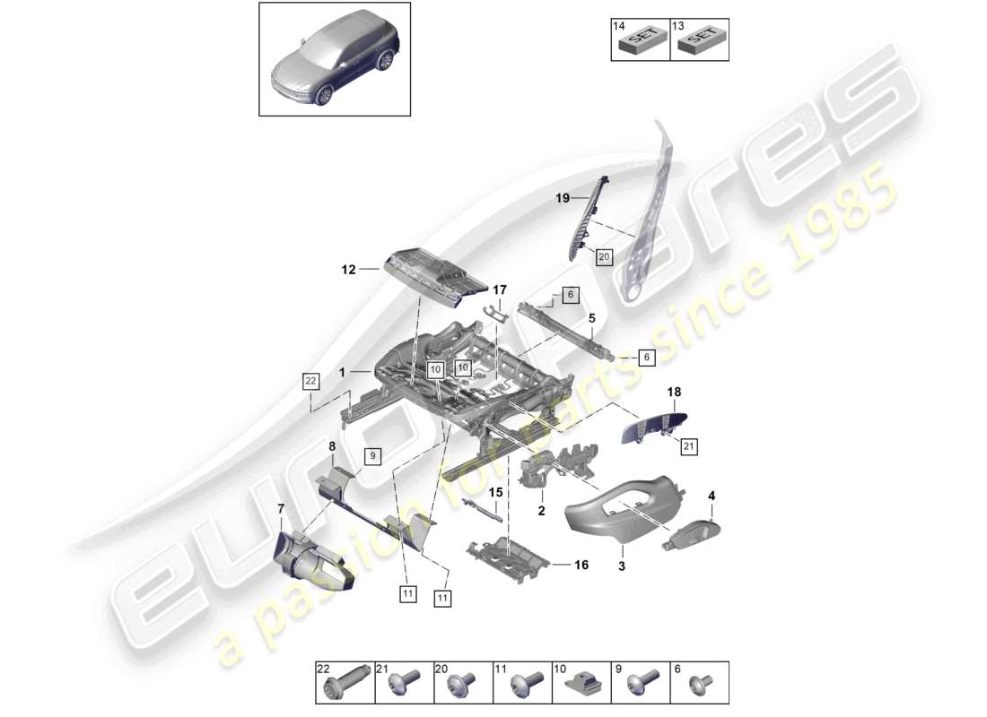 porsche 2024 (cayenne e3 9ya/9yb) schema delle parti del telaio del sedile comfort