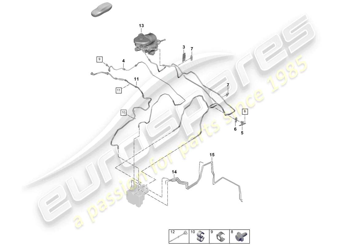 porsche 2025 (panamera 976) schema dei componenti del tubo del freno dall'unità idraulica al serbatoio di espansione del liquido di raffreddamento