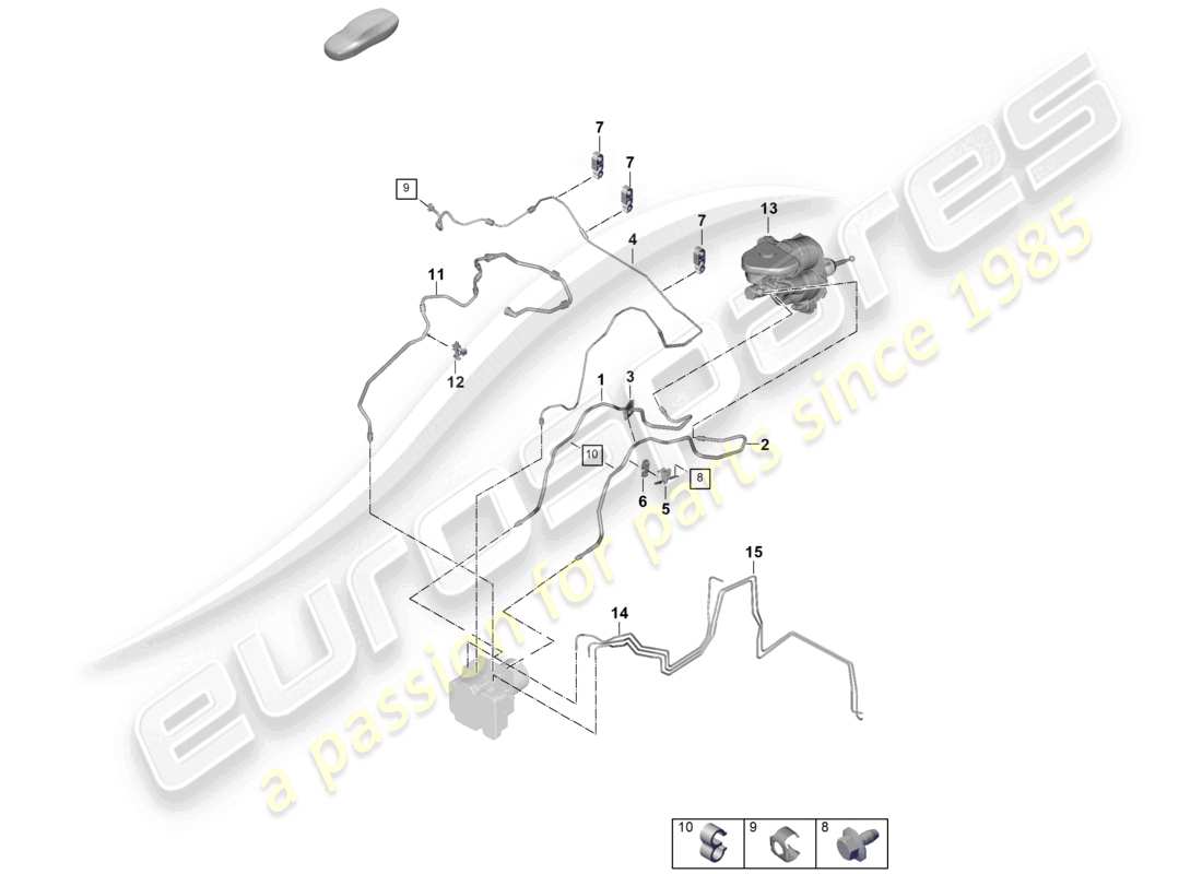 porsche 2025 (panamera 976) schema dei componenti del tubo del freno dall'unità idraulica al serbatoio di espansione del liquido di raffreddamento