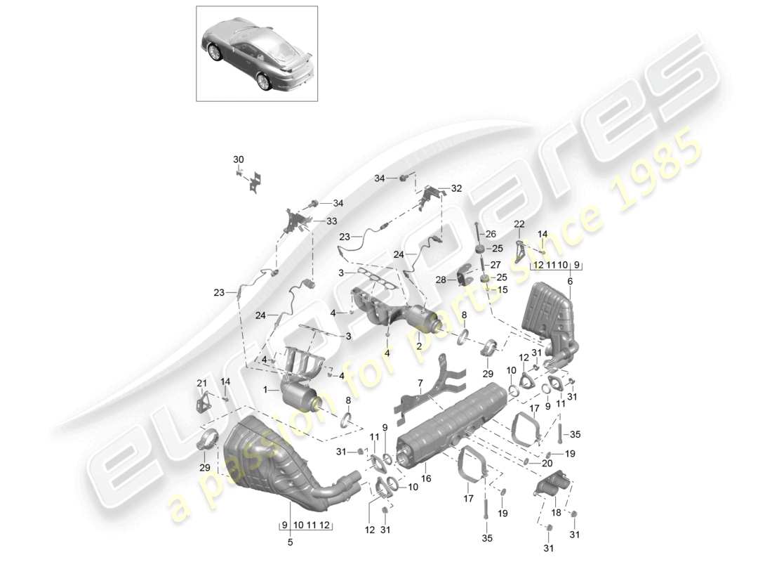 porsche 2021 (991-2 r/gt3/rs) schema delle parti del sistema di scarico gt3 gt3rs