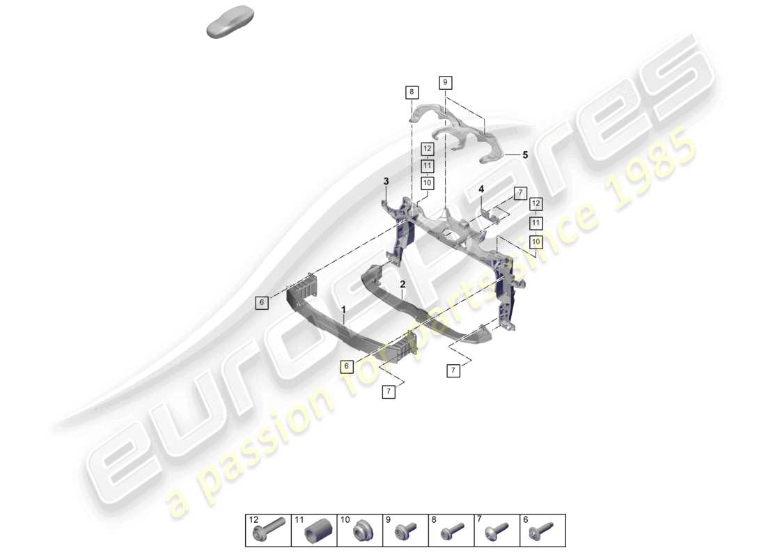 porsche 2025 (panamera 976) schema dei componenti del supporto paraurti anteriore e della staffa di montaggio