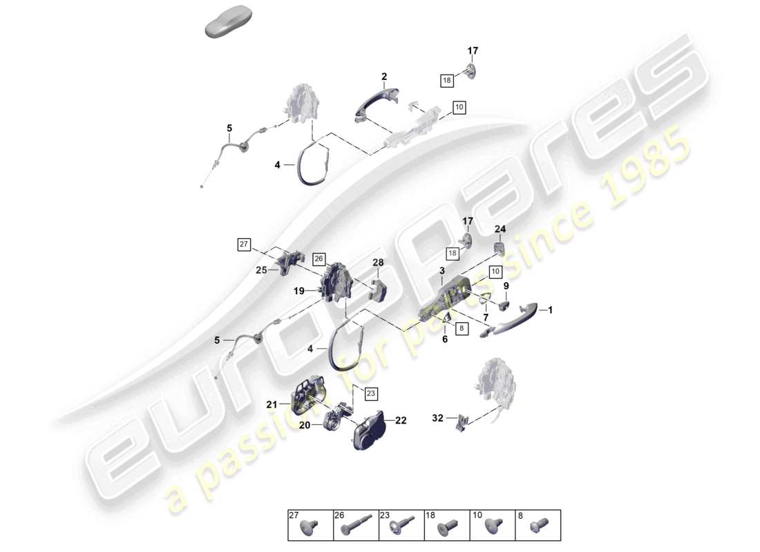 porsche 2025 (panamera 976) maniglia della porta, anteriore esterna schema delle parti della serratura della porta