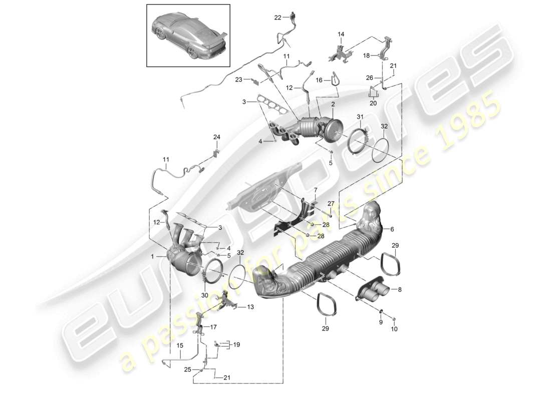 porsche 2021 (991-2 r/gt3/rs) sistema di scarico gt3 rs per veicoli con filtro antiparticolato per benzina speedster schema dei componenti