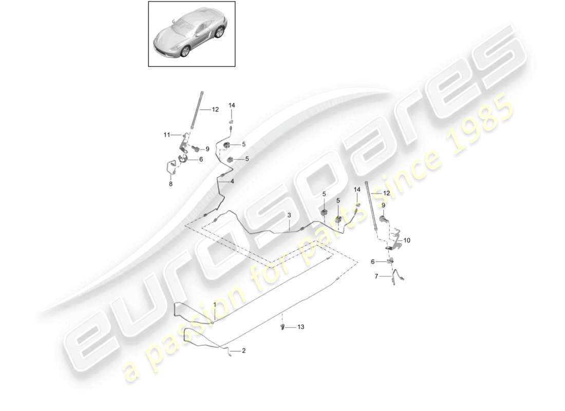 porsche 2023 (718 cayman) centro della linea del freno sottoscocca posteriore diagramma delle parti