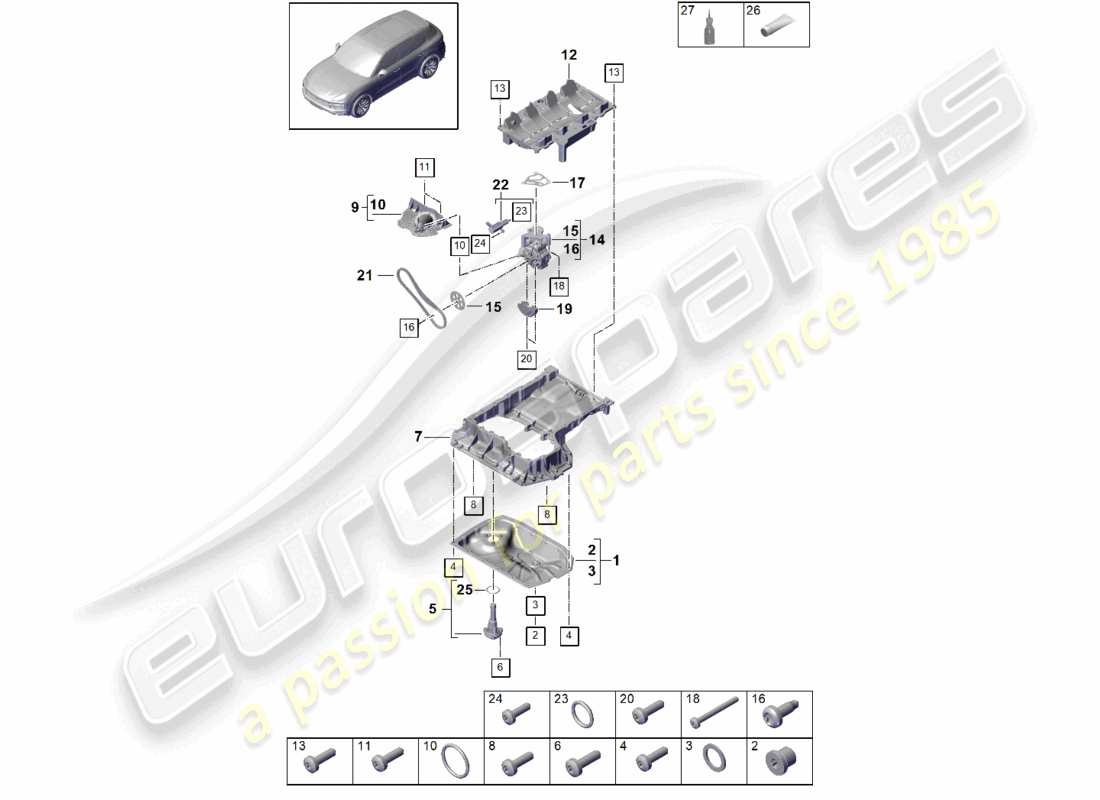 porsche 2024 (cayenne e3 9ya/9yb) schema delle parti della pompa dell'olio della coppa dell'olio dell'alloggiamento conduttore dell'olio