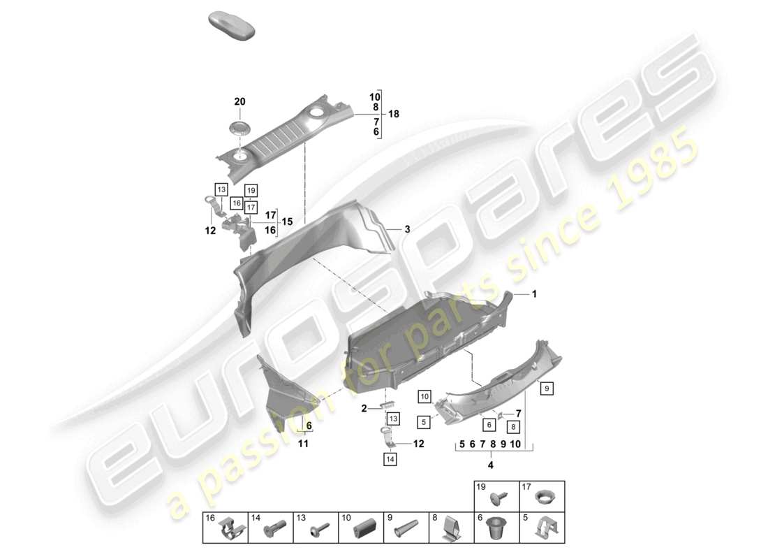 porsche 2021 (718 cayman gt4) schema delle parti del rivestimento del vano bagagli posteriore