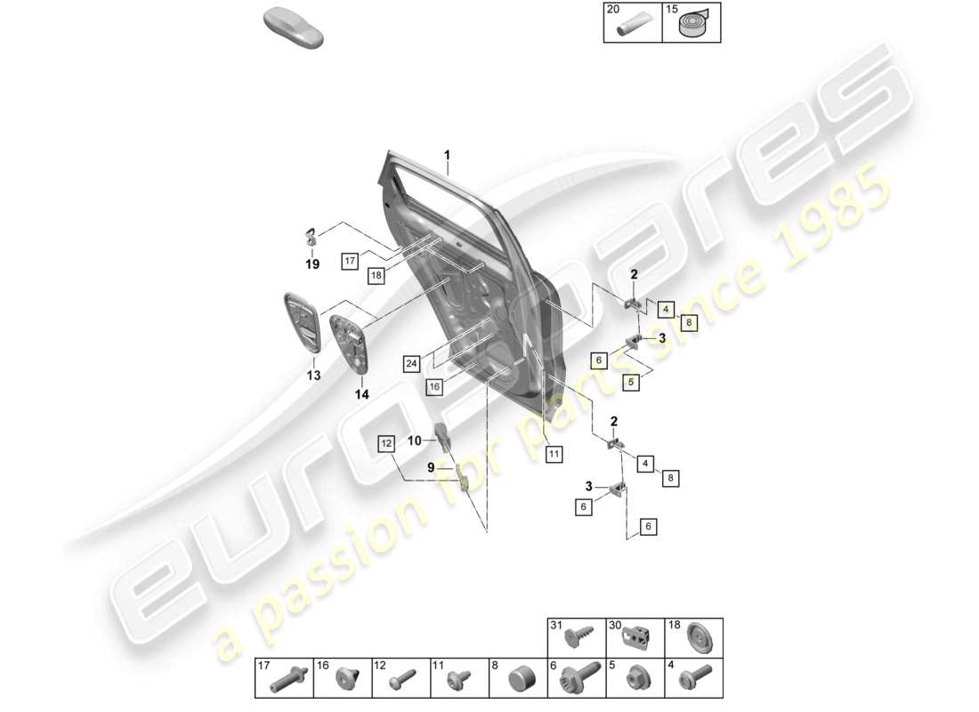 porsche 2025 (cayenne e3 pa) schema delle parti degli accessori posteriori del guscio della porta