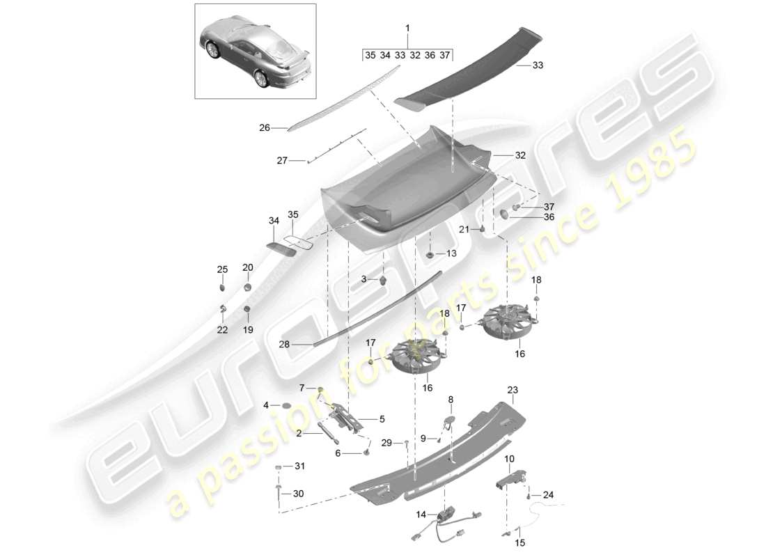 porsche 2021 (991-2 r/gt3/rs) spoiler posteriore posteriore d >>- mj 2017 diagramma delle parti
