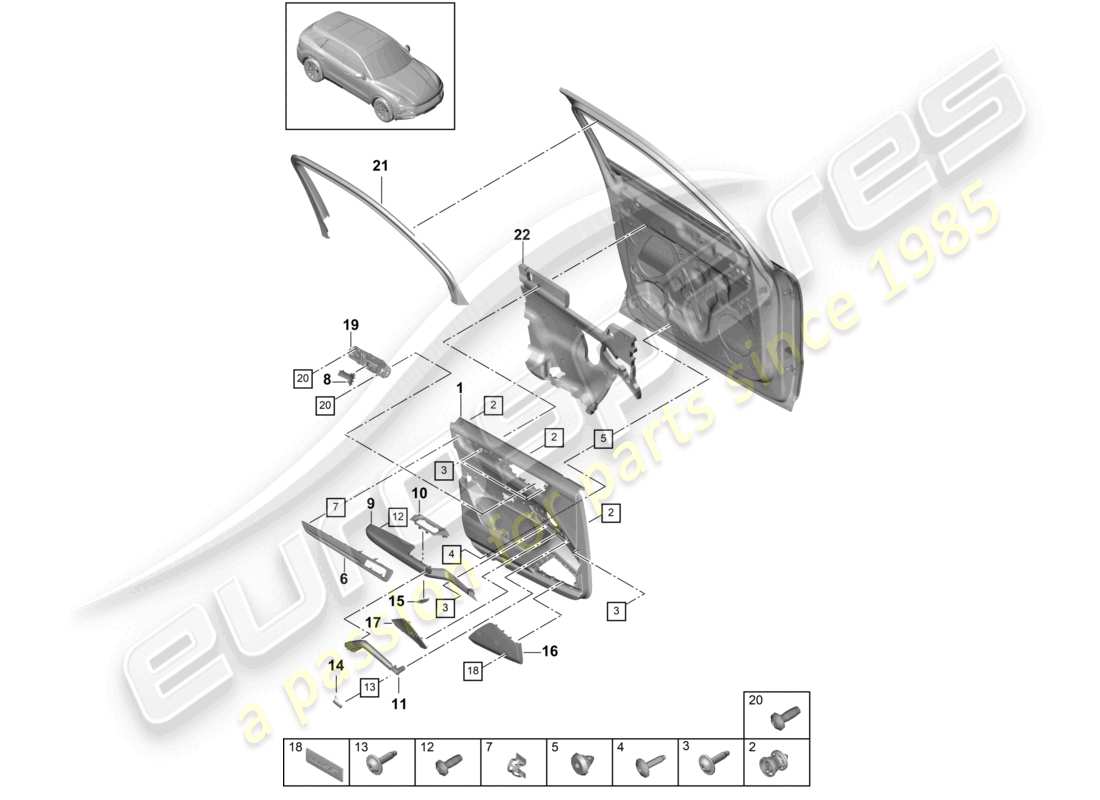 porsche 2021 (cayenne e3 9ya/9yb) schema della parte in pelle del pannello anteriore della porta