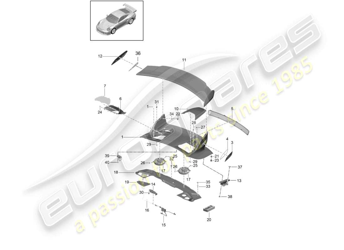 porsche 2021 (991-2 r/gt3/rs) cofano posteriore spoiler posteriore d - mj 2018>> schema dei componenti