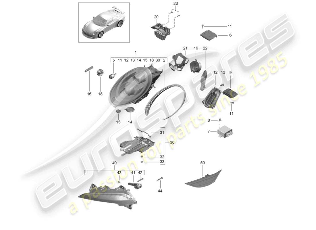 porsche 2021 (991-2 r/gt3/rs) faro a led faro supplementare indicatore di direzione luce di posizione laterale ripetitore di direzione d >>- mj 2017 schema delle parti