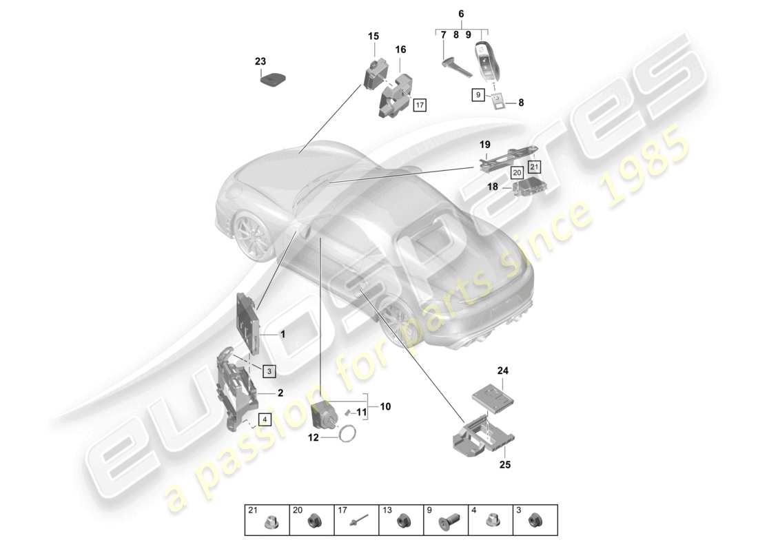 porsche 2021 (718 boxster spyder) unità di controllo parte anteriore parte posteriore trasmettitore portatile interruttore di accensione/avviamento antenna diagramma delle parti
