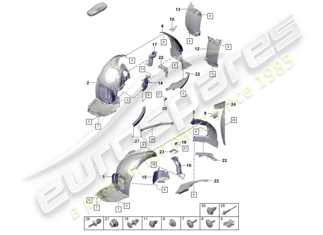 porsche 2021 (718 cayman gt4) schema delle parti del rivestimento del passaruota