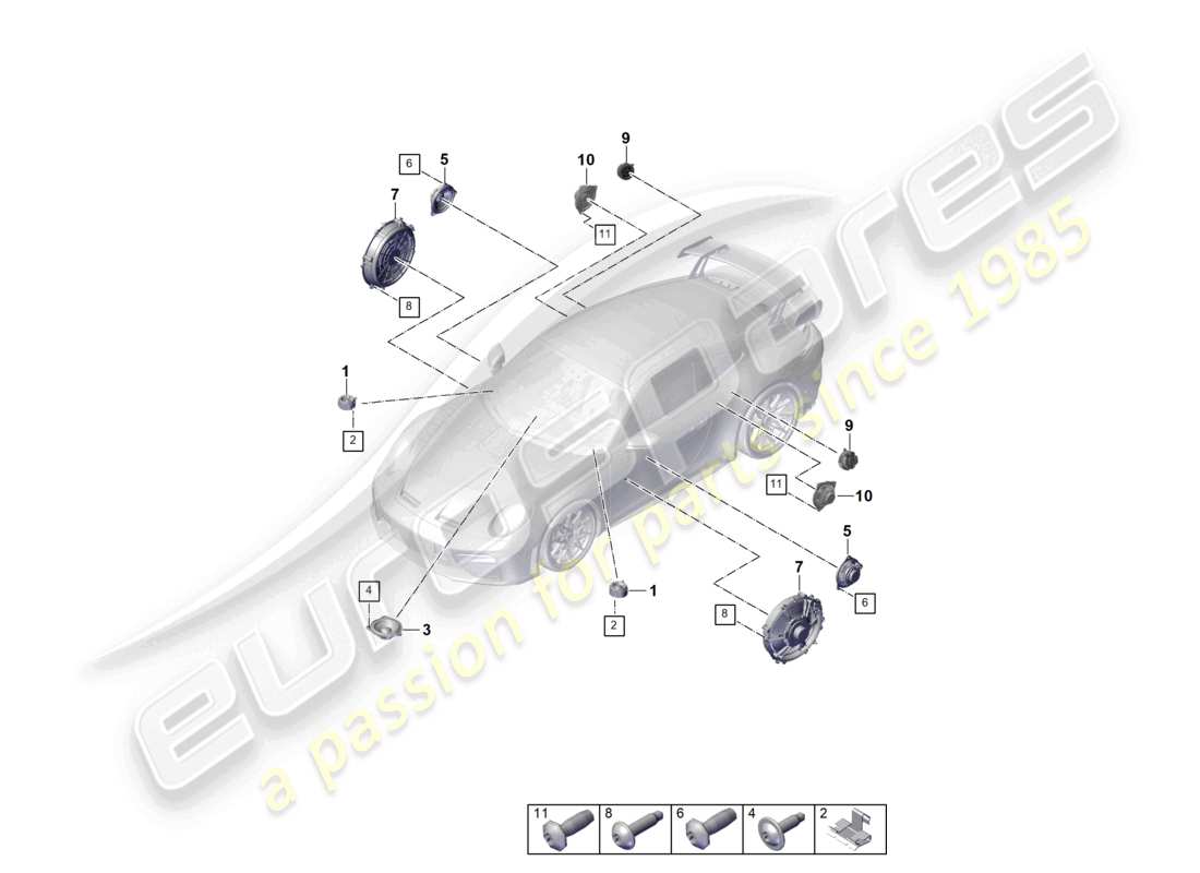 porsche 2026 (992-2 gt3) schema delle parti del sistema audio base bose per altoparlanti