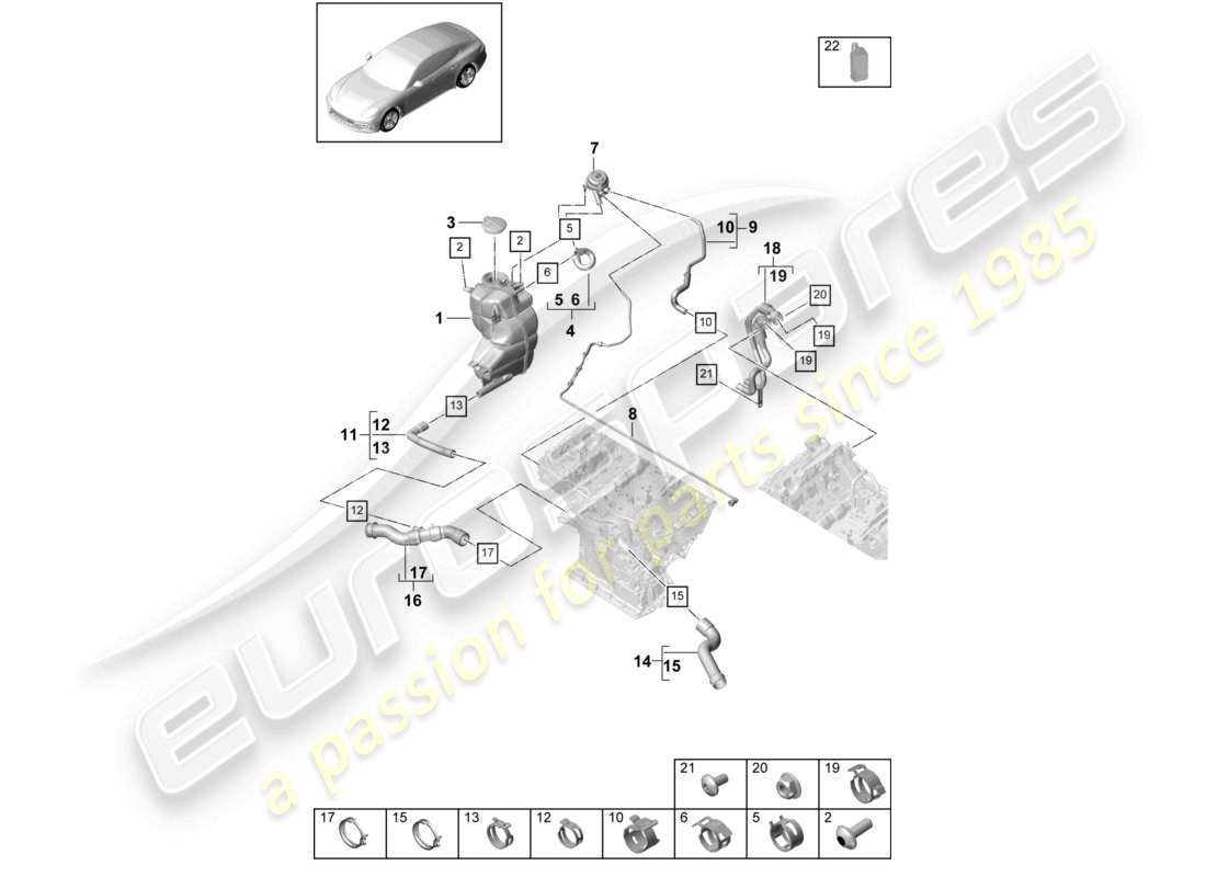 porsche 2021 (panamera 971-1) sistema di raffreddamento del liquido di raffreddamento serbatoio di espansione del liquido di raffreddamento linea di sfiato diagramma delle parti