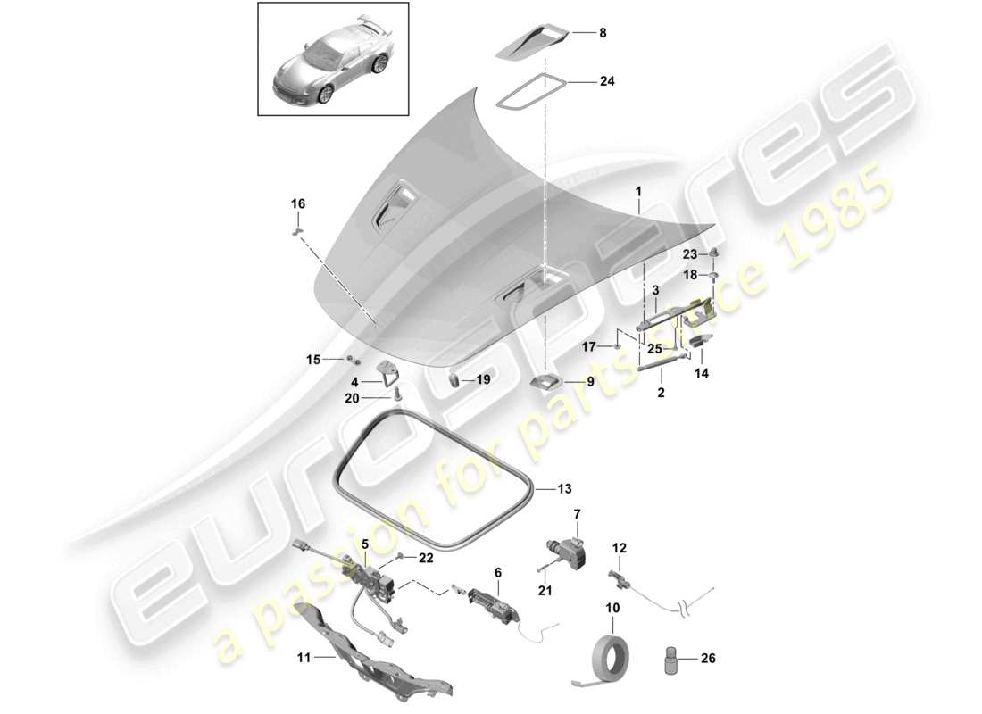 porsche 2021 (991-2 r/gt3/rs) diagramma della parte anteriore del cofano