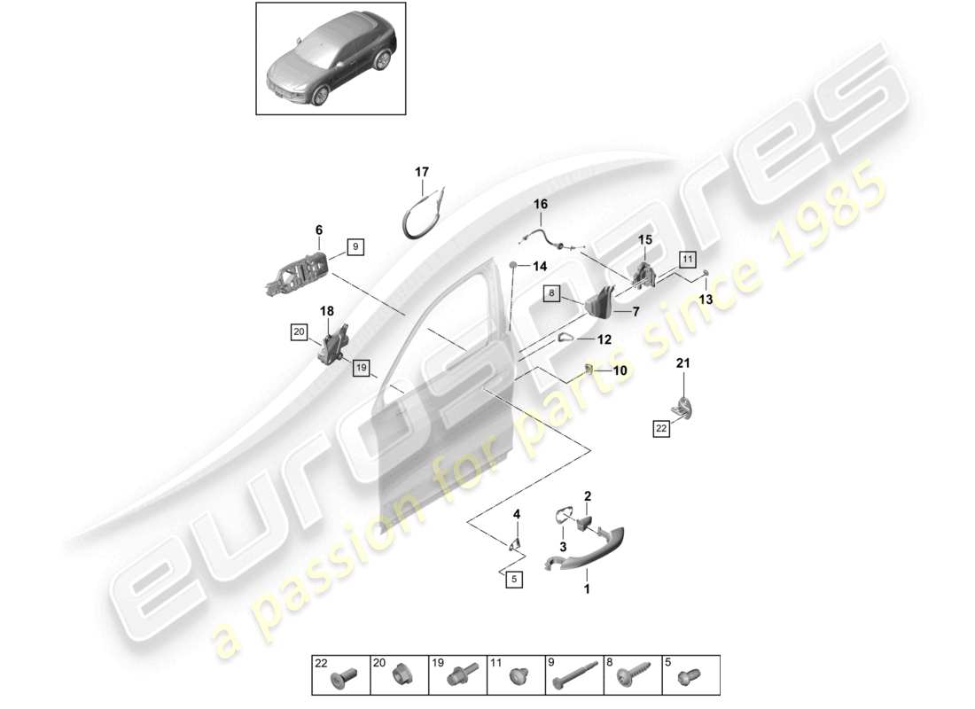 porsche 2023 (cayenne e3 9ya/9yb) maniglia della portiera, anteriore esterna serratura della portiera coupé schema delle parti