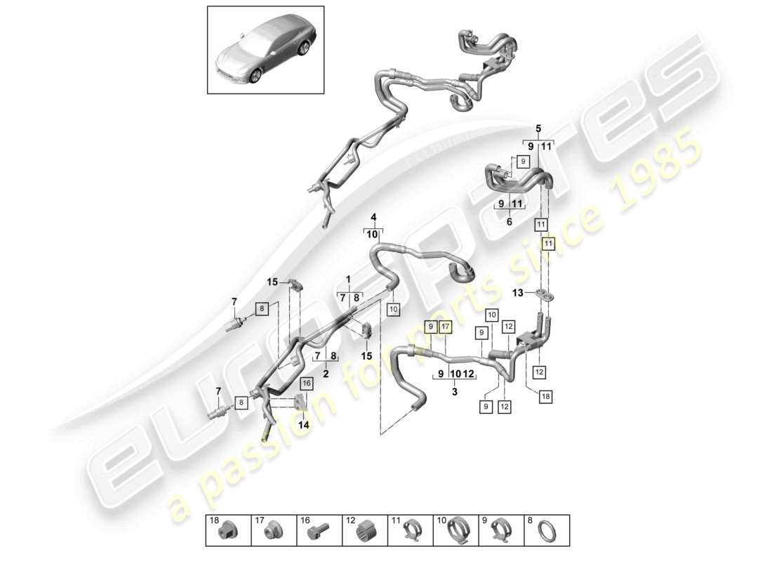 porsche 2021 (panamera 971-1) schema delle parti del sistema di raffreddamento ibrido della batteria