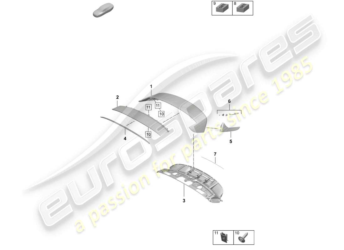 porsche 2025 (taycan 9j1-2) schema delle parti dello spoiler posteriore cuv
