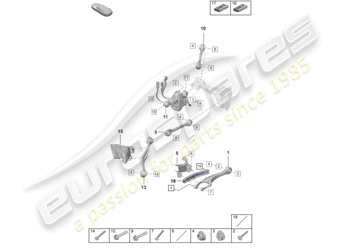 porsche 2022 (992-1 turbo / s) schema delle parti dello sterzo dell'assale posteriore