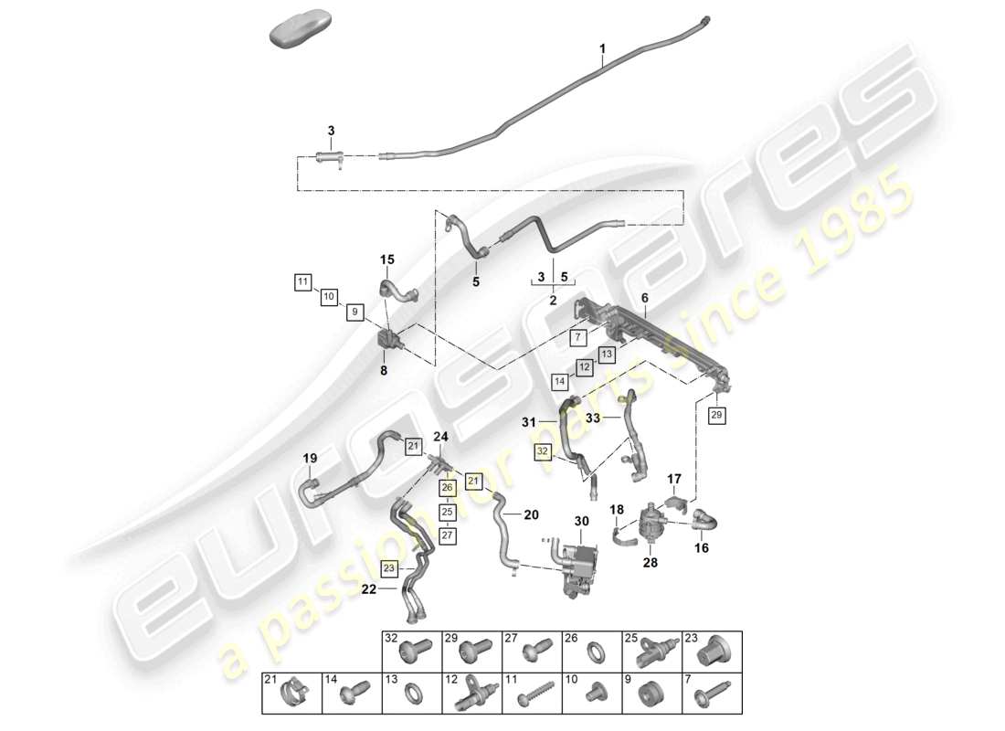 porsche 2024 (992-2) schema delle parti del sistema di raffreddamento del liquido di raffreddamento del riscaldatore del motore