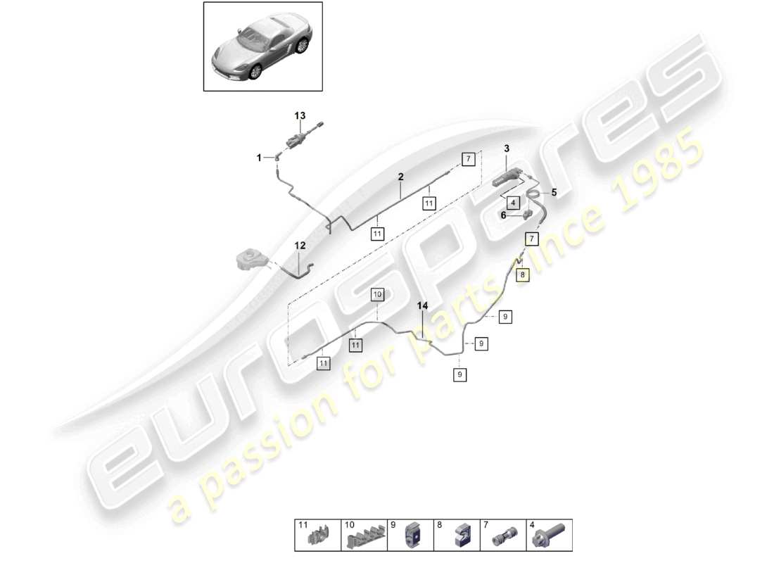 porsche 2025 (718 boxster) azionamento del giunto idraulico cilindro principale della frizione cilindro secondario della frizione diagramma delle parti del tubo flessibile