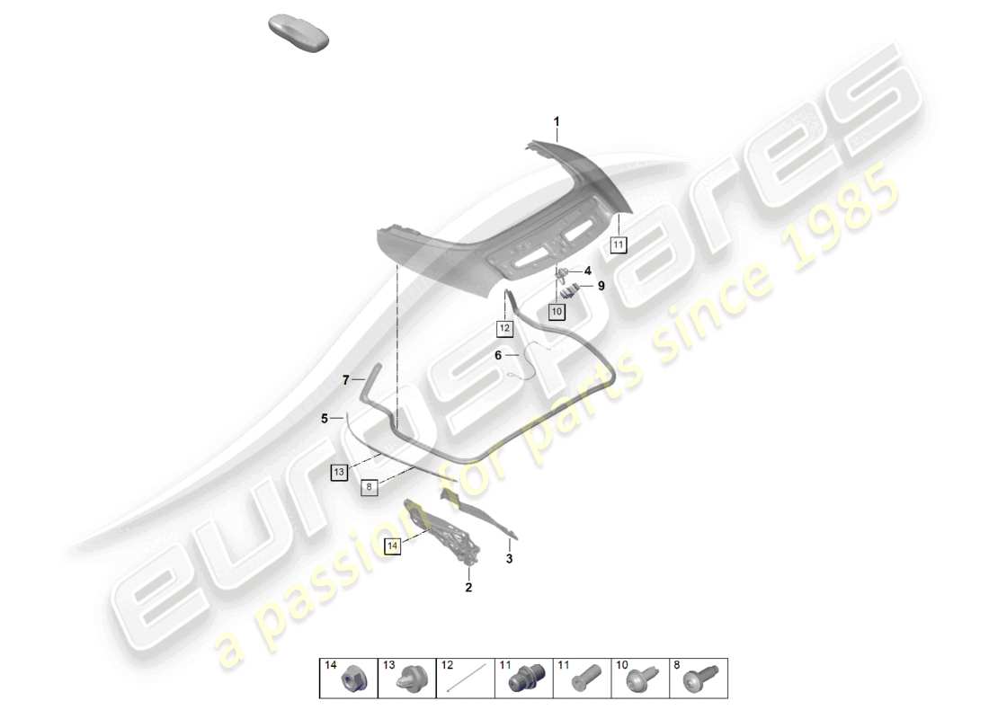 porsche 2024 (992-2) schema delle parti del coperchio del vano portaoggetti della capote