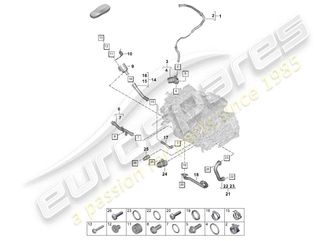 porsche 2024 (992-2) sistema di raffreddamento del liquido di raffreddamento distributore per liquido di raffreddamento schema delle parti del motore