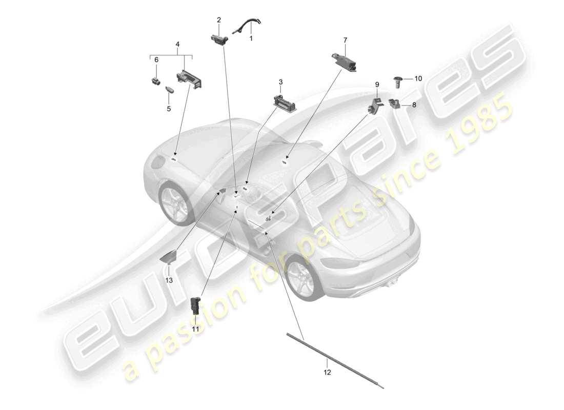porsche 2023 (718 cayman) illuminazione interna spia di segnalazione portiera luce vano piedi luce vano bagagli luce vano portaoggetti luce specchietto retrovisore esterno schema delle parti