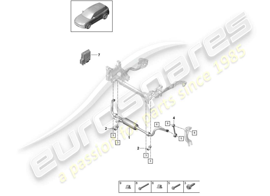 porsche 2021 (cayenne e3 9ya/9yb) diagramma delle parti della barra antirollio