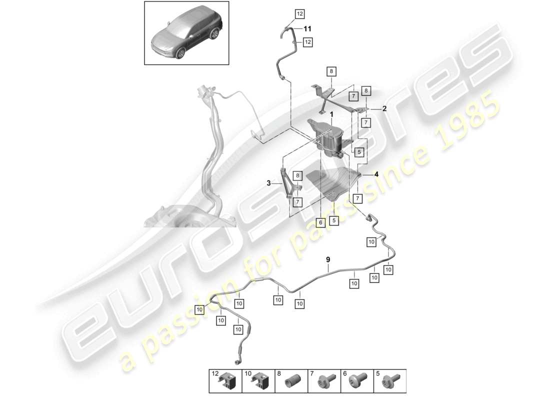 porsche 2021 (cayenne e3 9ya/9yb) contenitore per carbone attivo diagramma delle parti