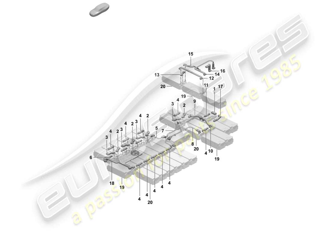 porsche 2025 (taycan 9j1-2) diagramma delle parti del connettore del modulo della batteria ad alta tensione