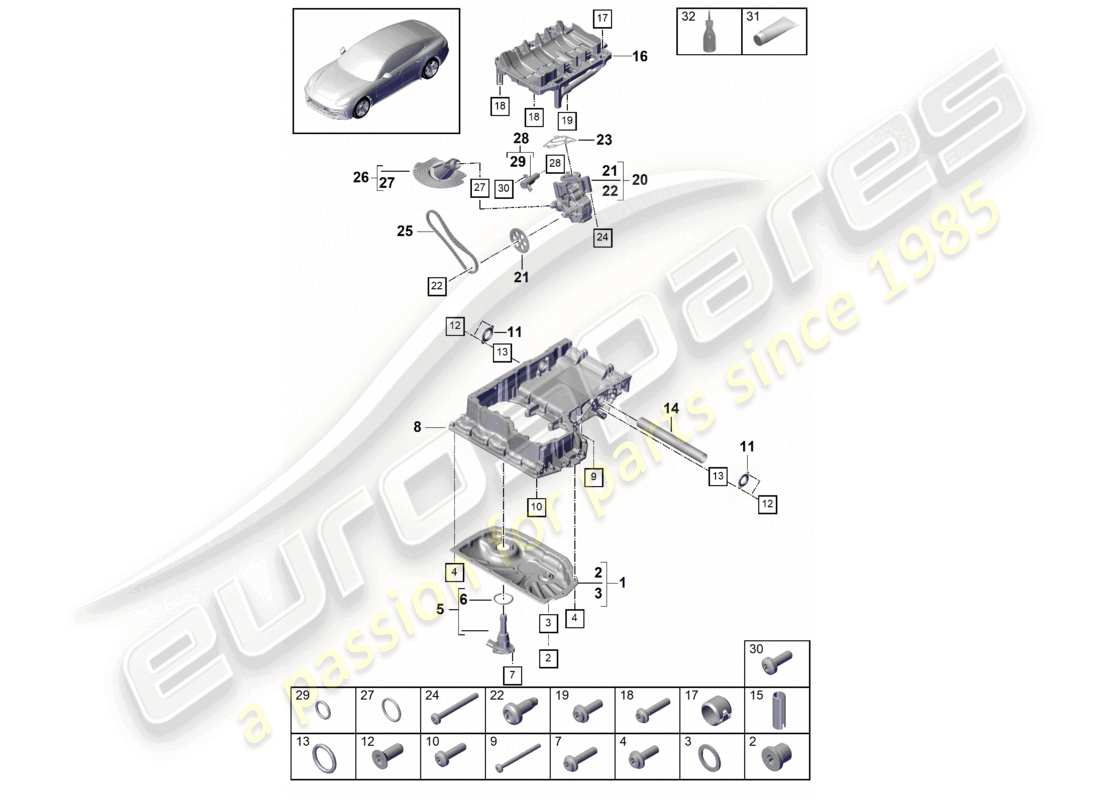 porsche 2021 (panamera 971-1) schema delle parti della pompa dell'olio della coppa dell'olio dell'alloggiamento conduttore dell'olio