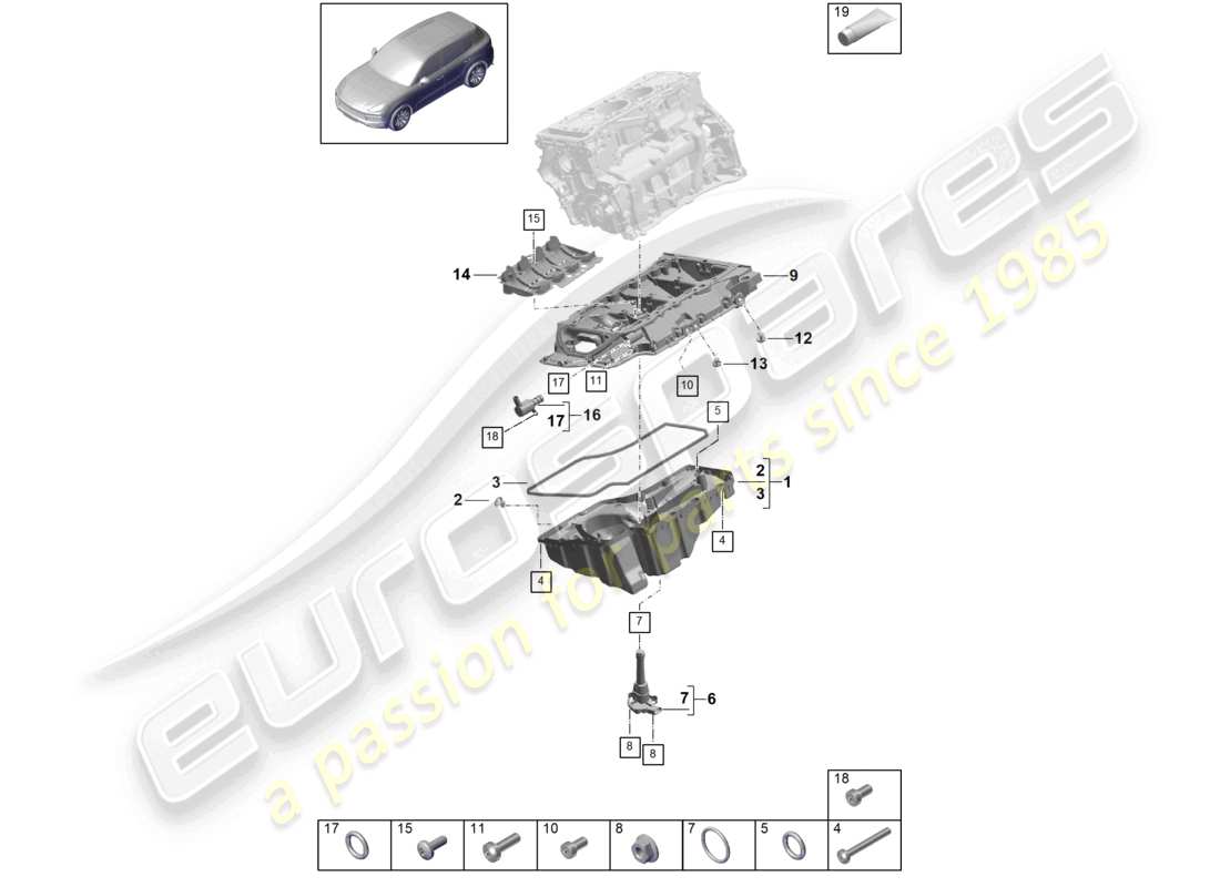 porsche 2024 (cayenne e3 9ya/9yb) coppa dell'olio con alloggiamento conduttore dell'olio diagramma delle parti