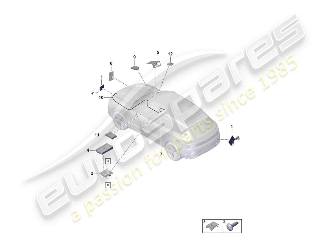 porsche 2024 (cayenne e3 pa) schema delle parti dell'antenna telefonica del sistema multimediale aereo