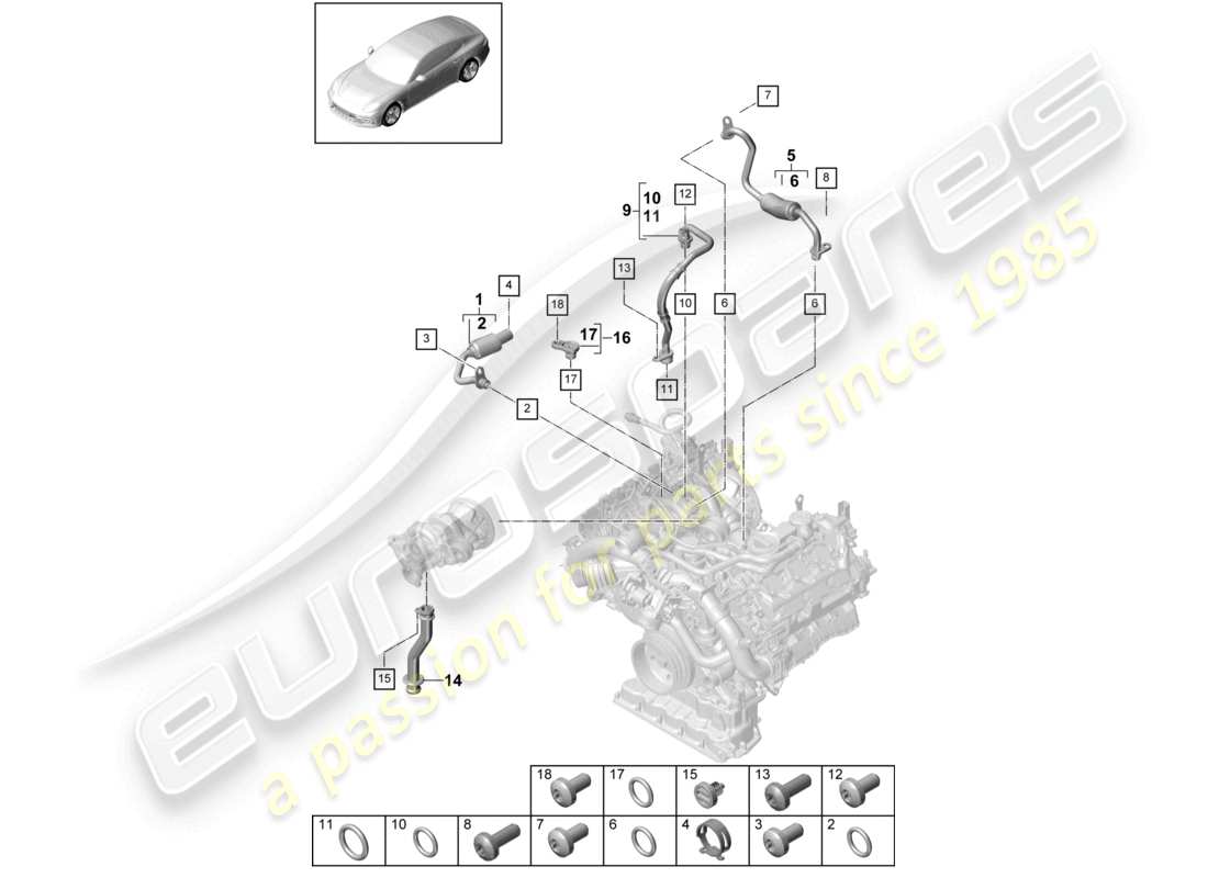 porsche 2021 (panamera 971-1) schema dei componenti del sistema di raffreddamento del liquido di raffreddamento per turbocompressore linea di pressione dell'olio per turbocompressore a gas di scarico