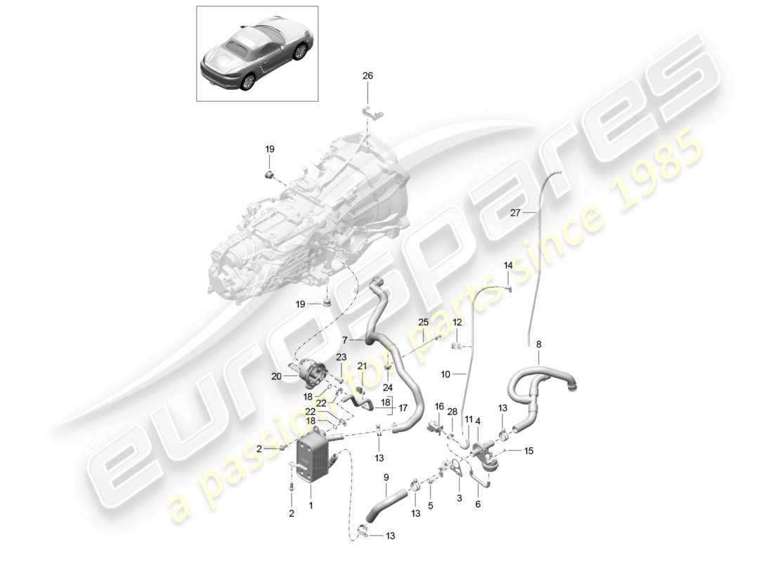 porsche 2023 (718 boxster) schema delle parti del tubo dell'olio dello scambiatore di calore del cambio manuale