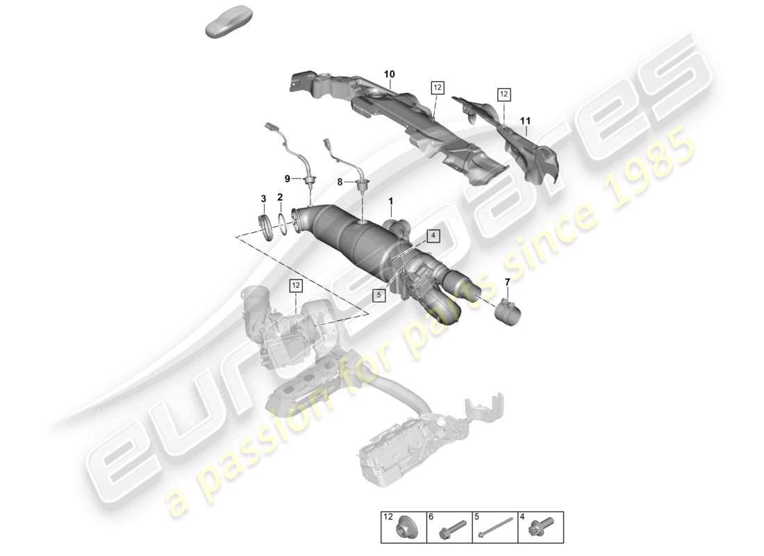 porsche 2024 (992-2) schema dei componenti di fissaggio e sensori del convertitore catalitico
