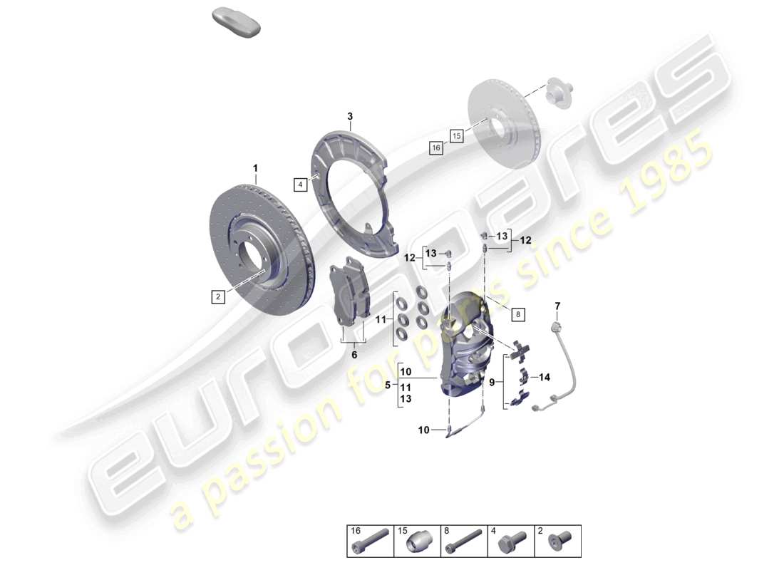 porsche 2024 (992-2) schema dei componenti dell'assale anteriore gts del freno a disco