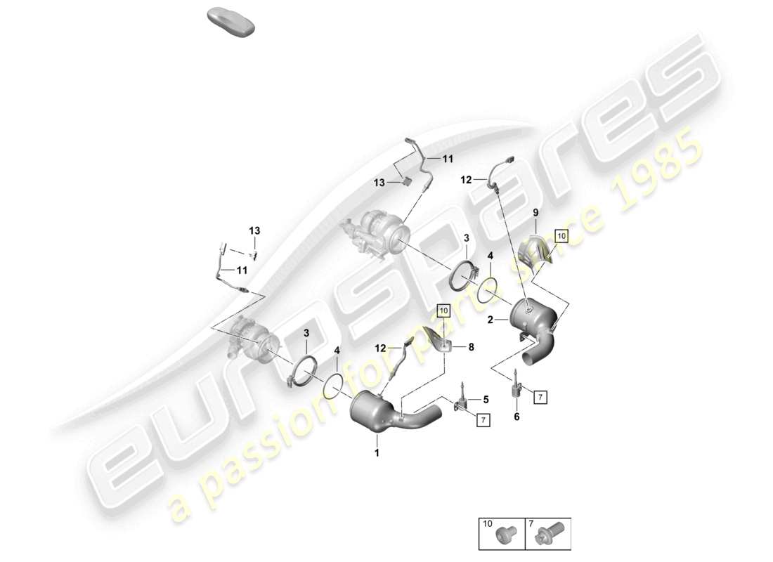 porsche 2025 (992-2 turbo / s) schema dei componenti di fissaggio e sensori del convertitore catalitico