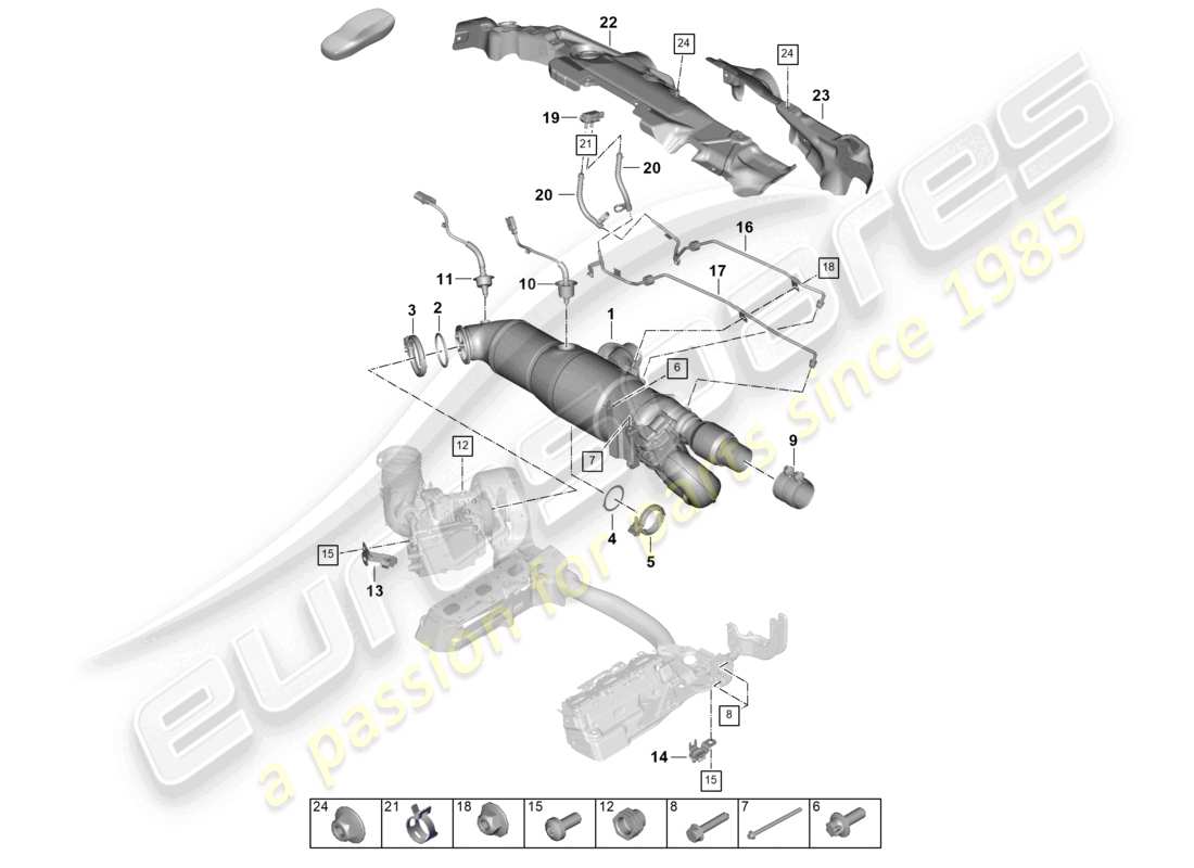 porsche 2024 (992-2) convertitore catalitico filtro antiparticolato per benzina fissaggi e sensori schema delle parti
