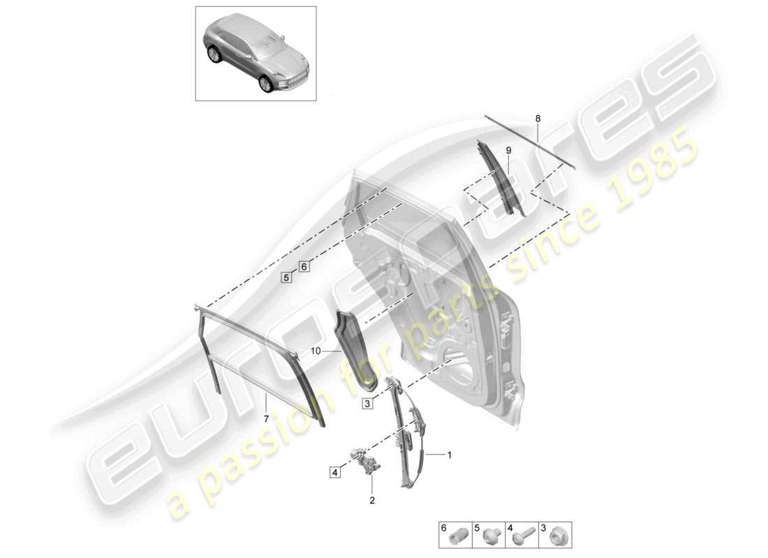porsche 2021 (macan) schema delle parti del regolatore del finestrino delle porte posteriori