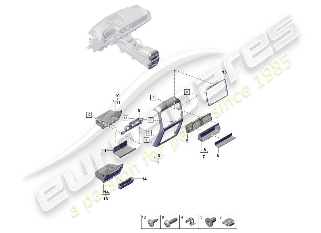 porsche 2023 (cayenne e3 pa) consolle centrale posteriore diagramma delle parti