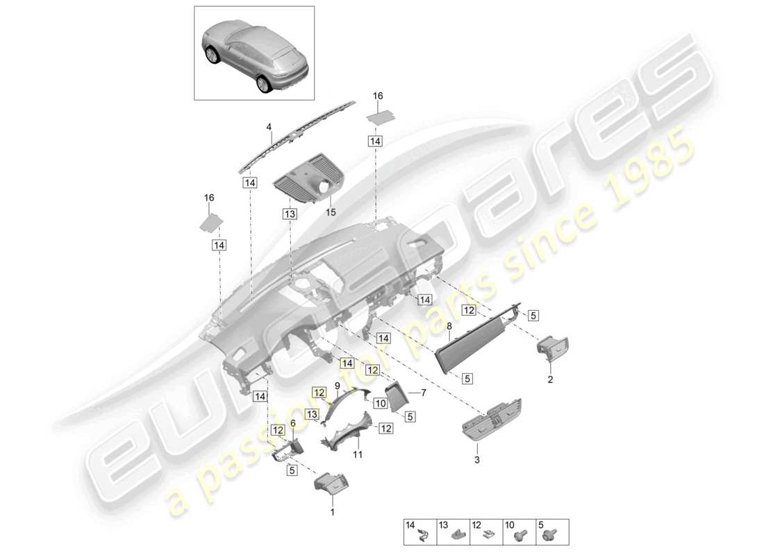 porsche 2021 (macan) accessori rivestimento del pannello strumenti parte superiore schema delle parti