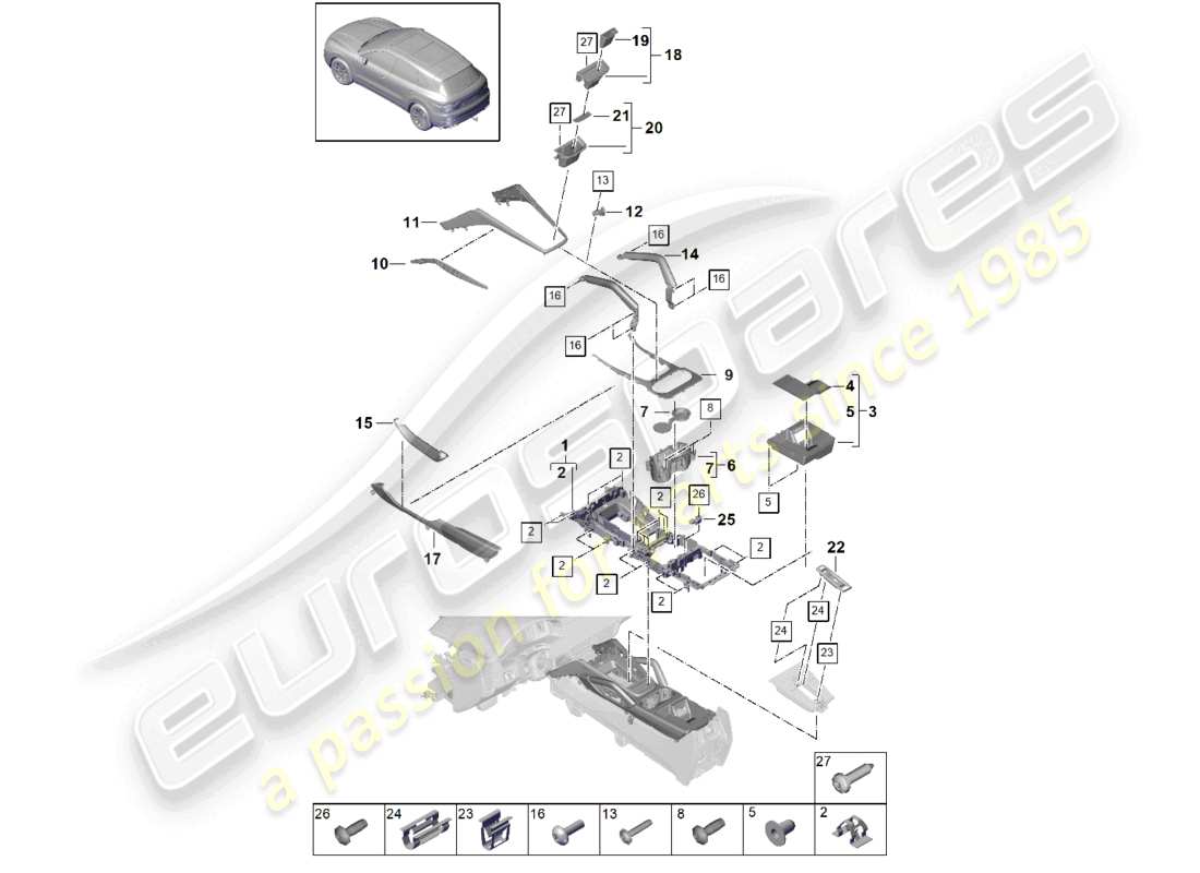 porsche 2021 (cayenne e3 9ya/9yb) parte superiore della console centrale diagramma delle parti