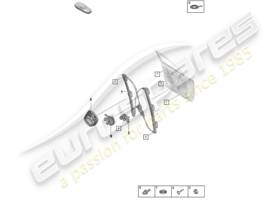 porsche 2025 (cayenne e3 pa) schema dei componenti del supporto del gruppo alzacristalli anteriore