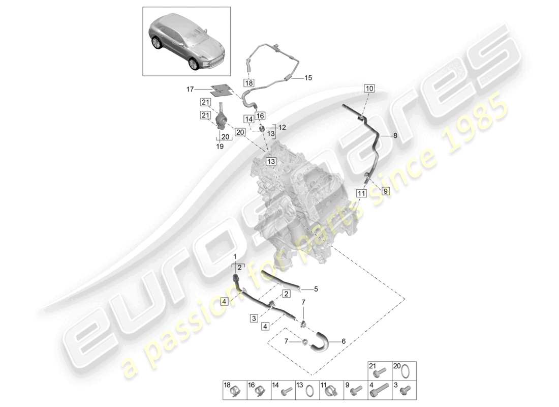 porsche 2021 (macan) sistema di raffreddamento del liquido di raffreddamento 1 diagramma delle parti