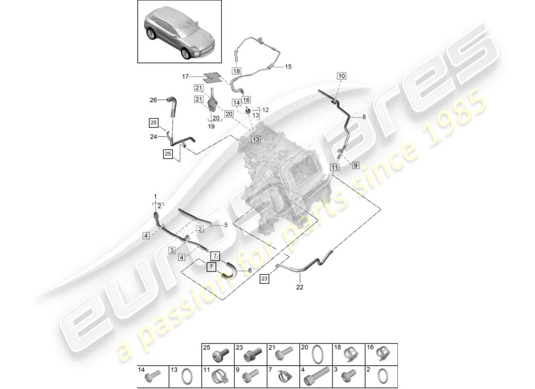 porsche 2021 (macan) sistema di raffreddamento del liquido di raffreddamento 1 diagramma delle parti